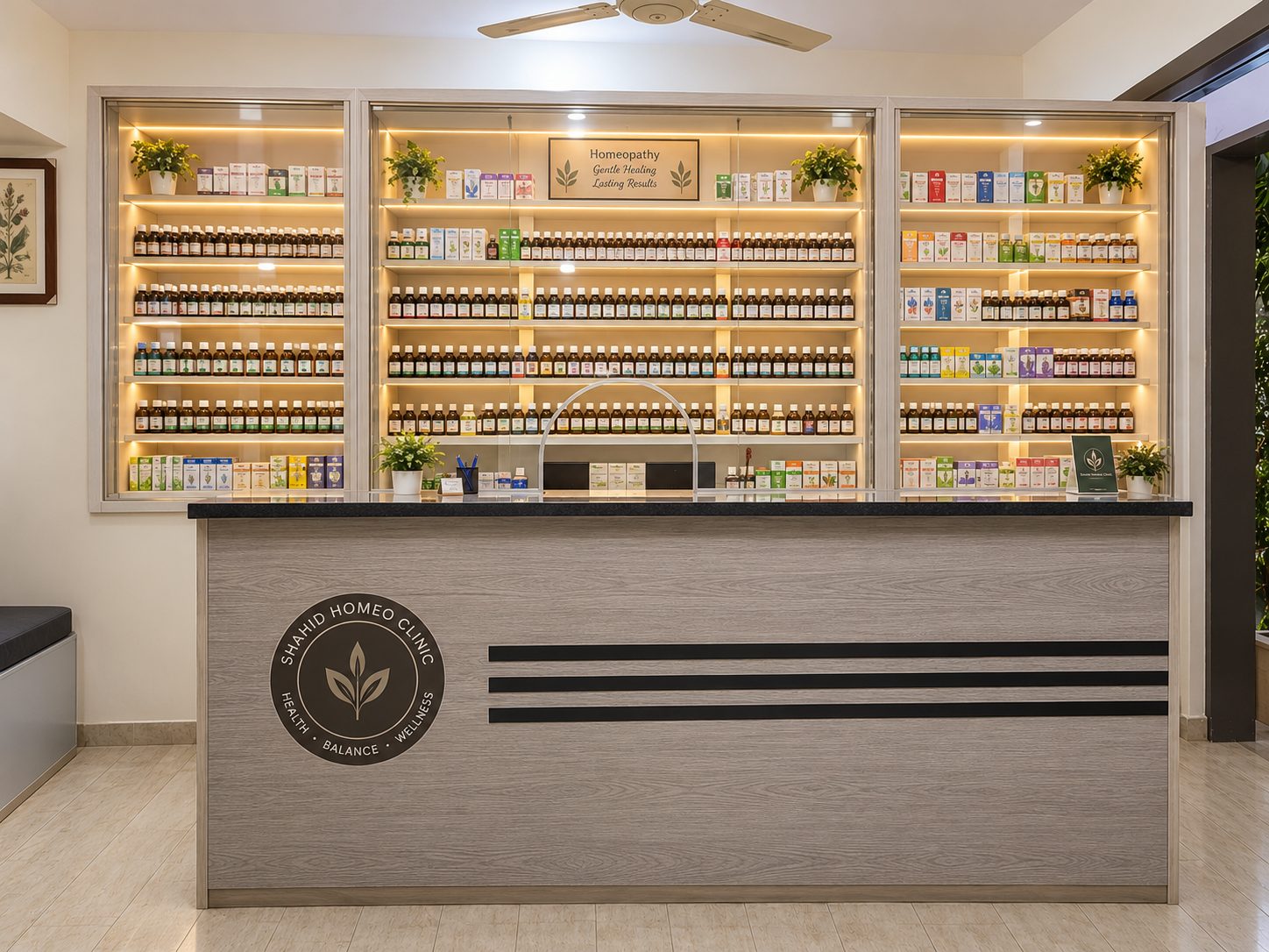 Medicine shelves and reception counter at Shahid Homeo Clinic